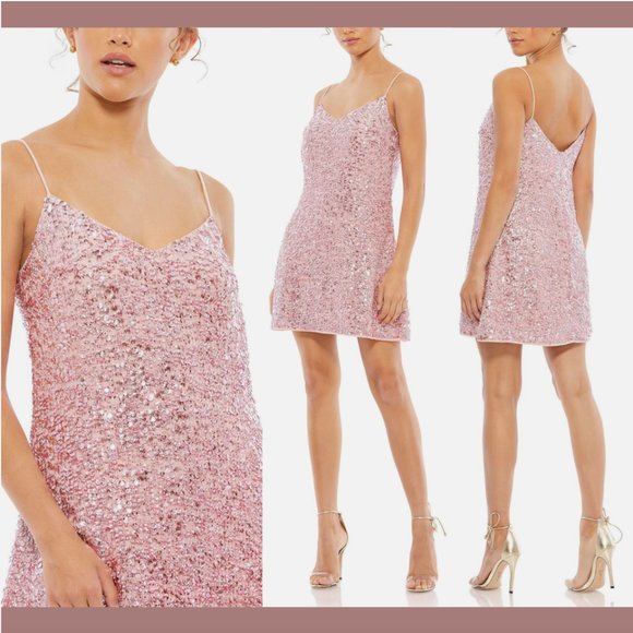 NWT‎ $298 Mac Duggal [ 12 ] Sequin Cocktail Slip Mini Dress Raspberry Pink Q592 - Picture 1 of 16